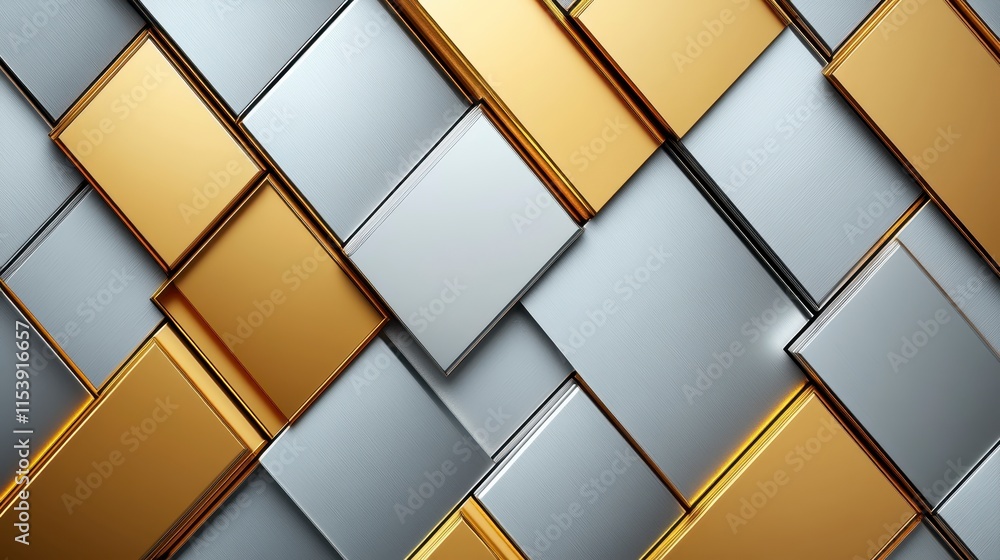 Poster a textured pattern featuring interwoven metallic squares in shades of gold and silver, creating a vi