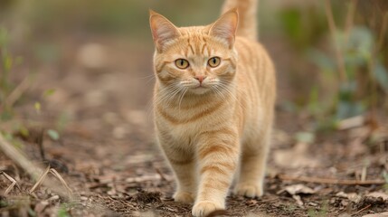 An orange tabby cat walking along a dirt path in a natural setting.