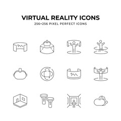 A set of clean modern virtual reality icons. Perfect for websites apps and presentations related to VR technology gaming or the metaverse. Includes various VR elements and devices