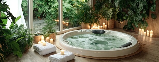 A luxurious spa room featuring a bubbling jacuzzi aroma Luxurious spa with bubbling jacuzzi Relaxing spa retreat with soothing aroma Elegant spa room with jacuzzi ambiance
