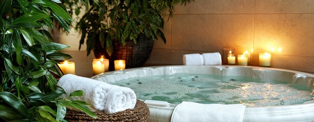 A luxurious spa room featuring a bubbling jacuzzi aroma Luxurious spa with bubbling jacuzzi Relaxing spa retreat with soothing aroma Elegant spa room with jacuzzi ambiance