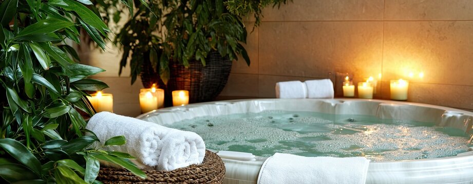 A luxurious spa room featuring a bubbling jacuzzi aroma Luxurious spa with bubbling jacuzzi Relaxing spa retreat with soothing aroma Elegant spa room with jacuzzi ambiance