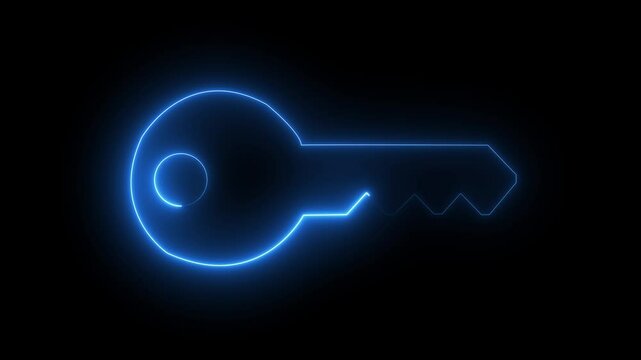Glowing Vertical Hand Holding House Key Icon with Neon Animation on Black Background