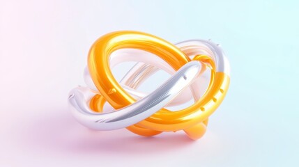 A colorful, abstract sculpture featuring interwoven rings in orange and silver, set against a soft pastel background.