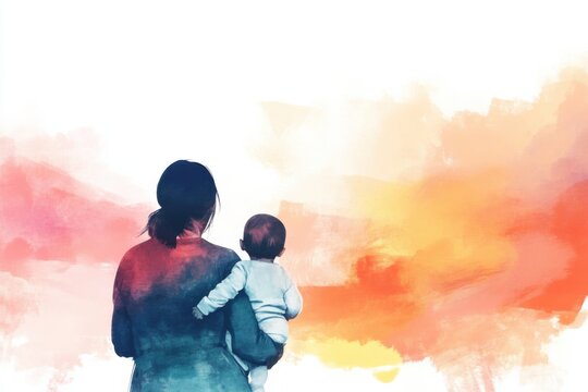 Mother holds her son on hands back view and looking forward. Young woman embraces child with love and care. Illustration for the happy Mother's Day	