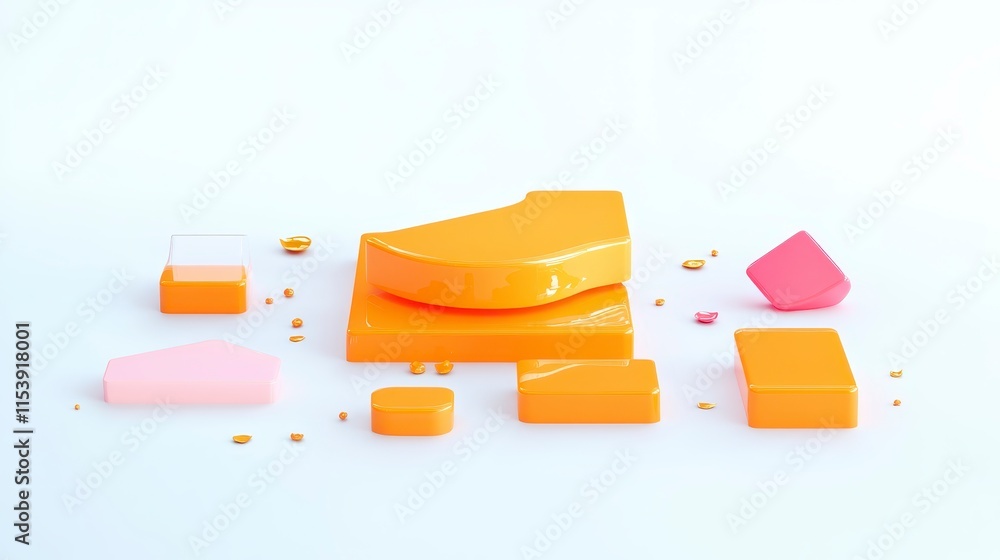 Poster abstract arrangement of colorful geometric shapes in orange and pink tones, creating a playful and m