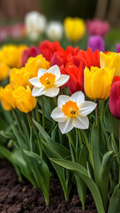 Obraz premium Vibrant garden filled with tulips and daffodils in various colors