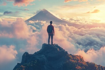 Fototapeta premium Solo Adventurer on Rocky Summit: Embracing the Majestic View of Mount Agung in Bali for an Active Life