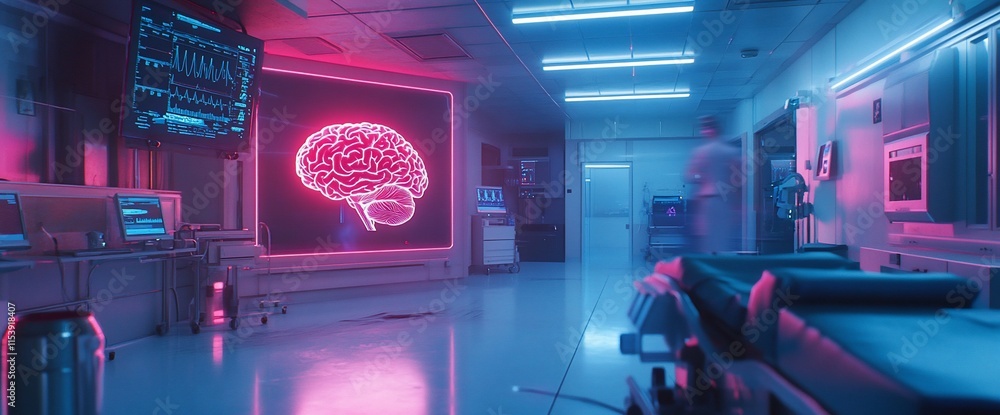 Poster futuristic lab with neon brain display, emphasizing neuroscience and technology.