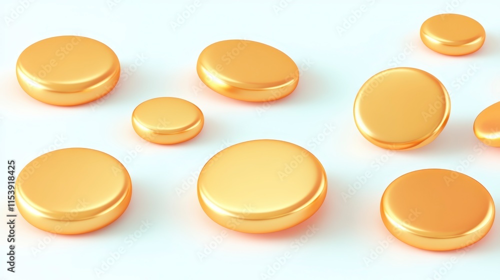 Poster a collection of shiny, orange circular objects displayed on a light background, showcasing various s