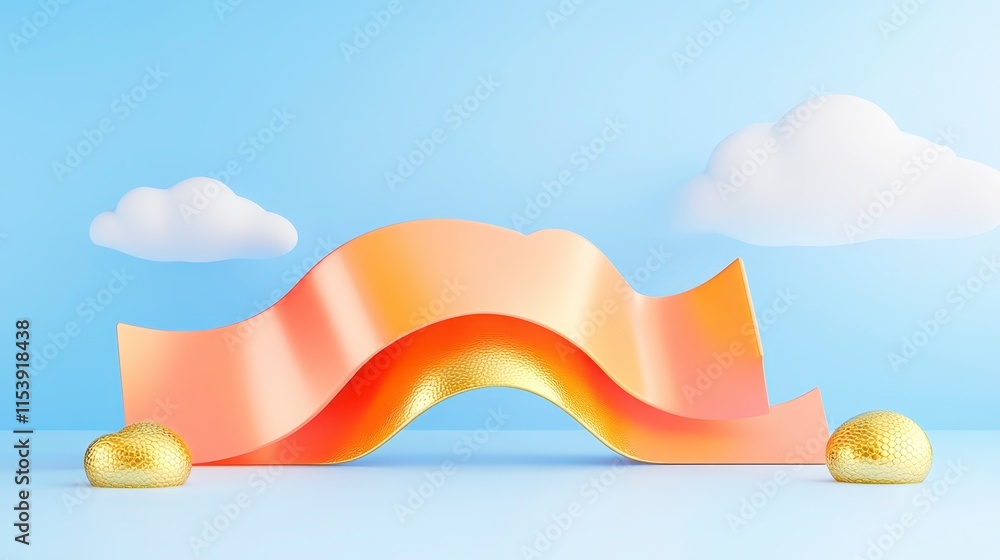 Poster a vibrant scene featuring a wavy orange ribbon-like structure on a blue background with clouds and g