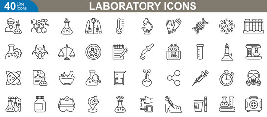 Laboratory line icons set. Microscope, beaker, DNA, chemical flask, safety goggles, lab coat, centrifuge, dropper and more. Vector illustration for scientific and research.