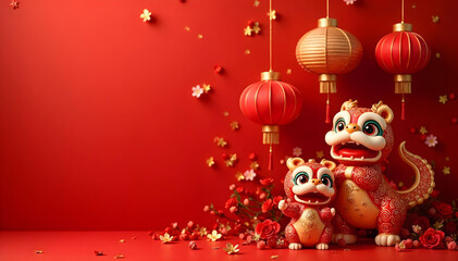 Chinese New Year decorations with red and gold ornaments and cute dragons