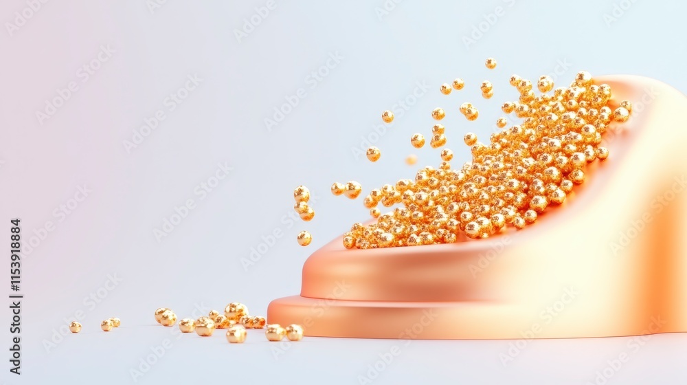 Poster a golden mound spills tiny spheres, creating a visually striking and dynamic scene that emphasizes l