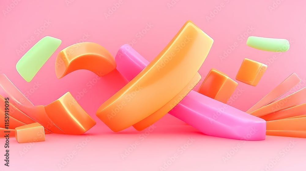 Poster a vibrant arrangement of colorful, abstract shapes floating against a pink background, creating a pl