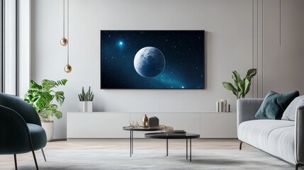 A modern living room with a TV displaying a planet in space.