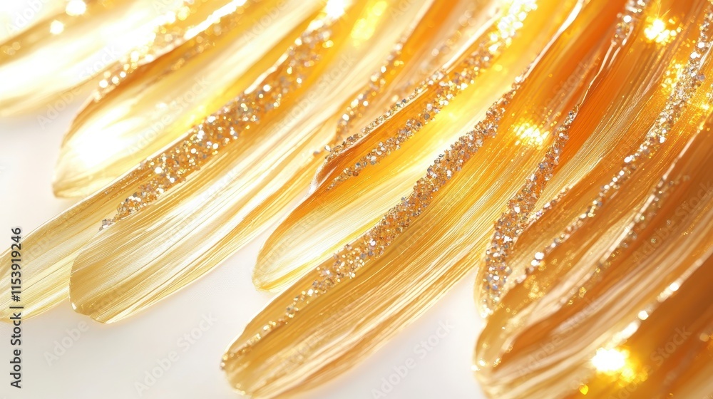 Poster a close-up of shimmering golden strands with sparkling highlights, creating a luxurious and radiant 
