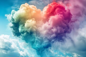 Rainbow colored heart shaped cloud is gently floating in a bright blue sky, symbolizing love, harmony, and peace