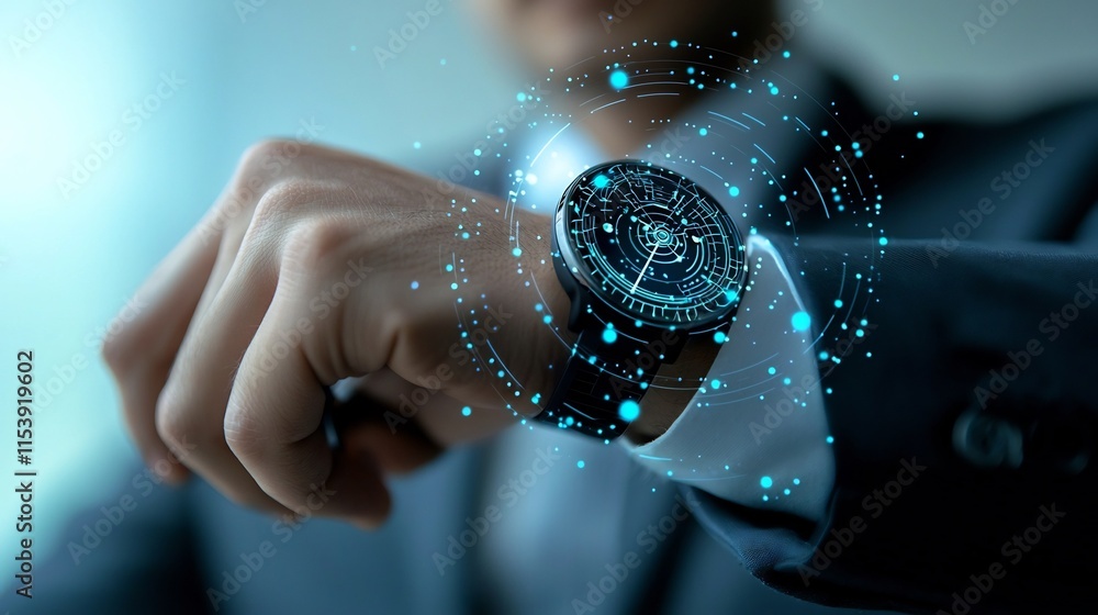 Poster futuristic smartwatch with advanced analytics and support helping an entrepreneur efficiently manage