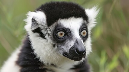 Obraz premium Close-up portrait of a black and white lemur. (1)