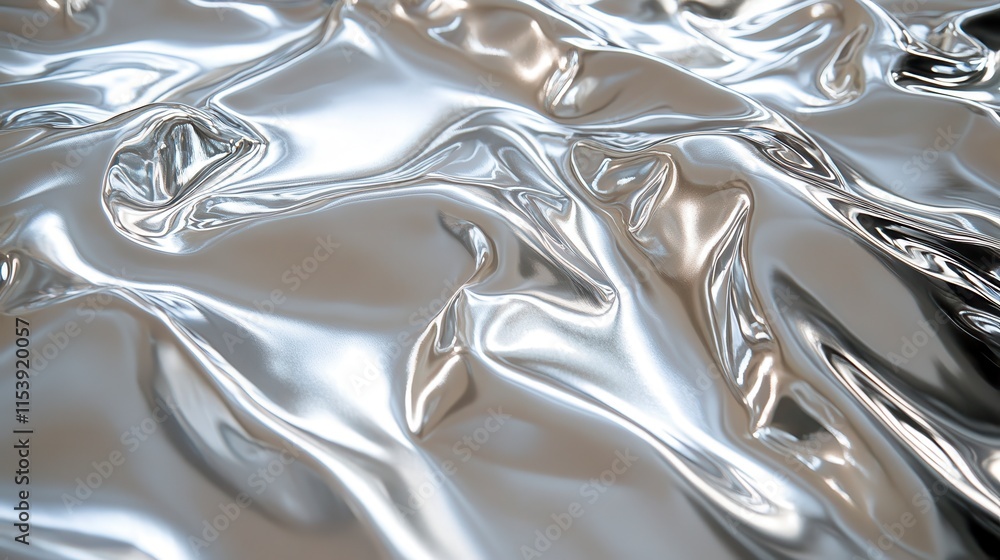 Poster a close-up view of wrinkled metallic fabric reflecting light, showcasing a shiny, smooth texture wit
