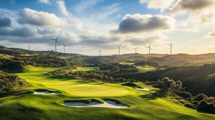 A vibrant golf course against a backdrop of rolling hills and wind turbines, Golf clubs set for a round, Renewable energy elegance style