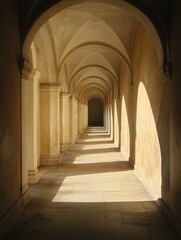 Fototapeta premium Eerie Abandoned Corridor: A Long Dark Creepy Hallway with Skittish Shadows and Striking White Walls
