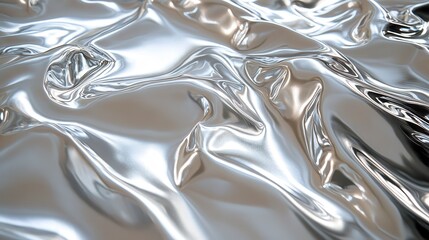 A close-up view of wrinkled metallic fabric reflecting light, showcasing a shiny, smooth texture with waves and folds.
