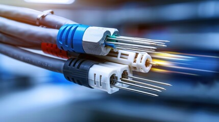 Close-up of industrial connectors with data transfer speed effect.