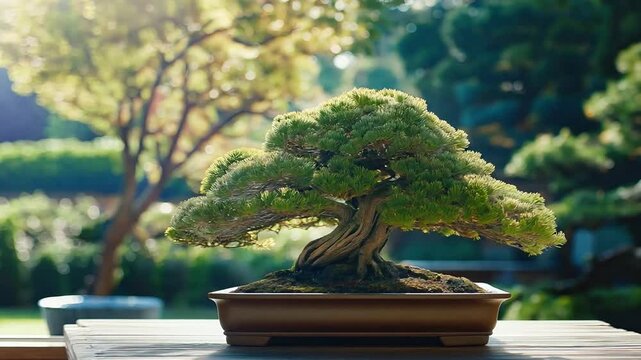 Beautiful bonsai tree in a peaceful garden environment filled with vibrant greenery and natural light