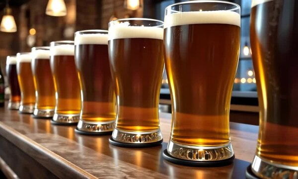 Long Row of Beer glassess filled with alcoholic bevereage standing on a bar counter