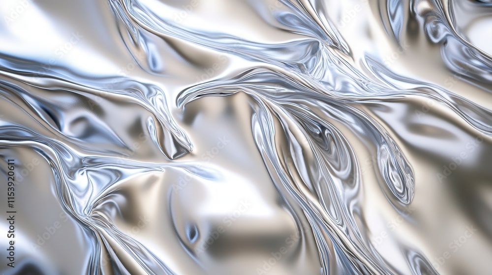 Poster a close-up of fluid metallic textures, showcasing shimmering silver waves and reflections, creating 