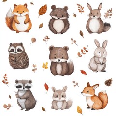 Naklejka premium Whimsical Woodland Creatures: Watercolor Illustrations Featuring Bear, Fox, Bunny, Raccoon, Owl, and More for Kids' Imaginations