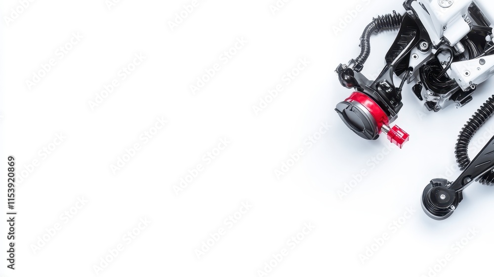 Poster a mechanical device with a lens and intricate wiring, set against a minimalist white background, emp