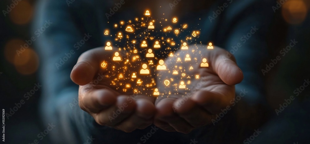 Poster hands holding glowing icons representing connection and communication.