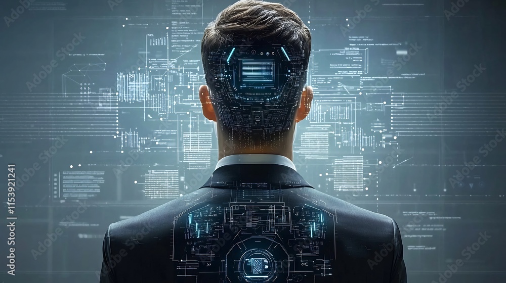Aufkleber futuristic businessman wearing a sleek tailored suit with advanced digital interfaces holographic da