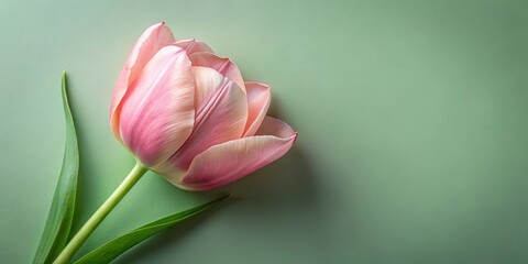 Fototapeta premium A delicate tulip with soft pink petals unfolding on a muted green paper background, flower motifs, nature-inspired art