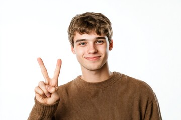 Fototapeta premium Joyful Young Man Displaying Two Fingers in a Victory Gesture Against a Clean White Backdrop