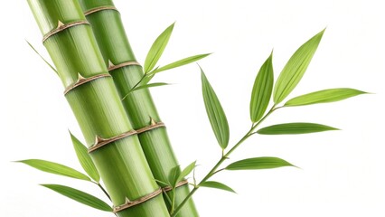Green Bamboo Stalks with Fresh Leaves on a Clean White Background