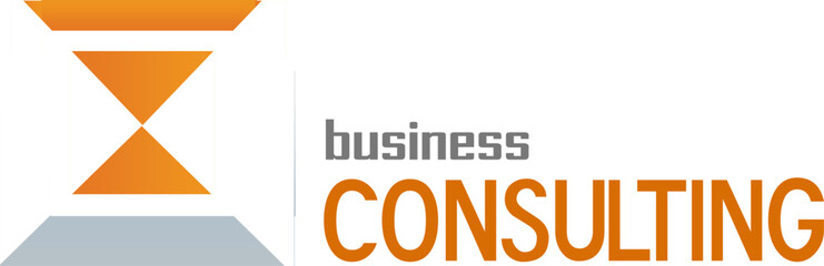 A business consulting logo with a clock on it. The logo is orange and white