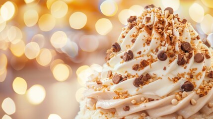Close-up of delicious dessert topped with whipped cream, chocolate chips, and nuts against a bokeh background.