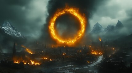 Fiery ring above burning city, apocalyptic scene.