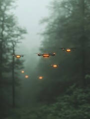 Fototapeta premium Technological Evolution: Futuristic Robotic Swarm of Insect-like Drones in Misty Forest