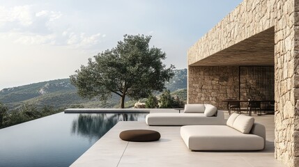 Obraz premium Modern villa with an infinity pool overlooking a scenic landscape.