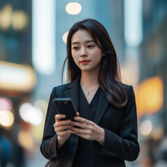Fototapeta premium Professional woman engaged in mobile communication urban street lifestyle image evening ambiance close-up view empowerment in technology