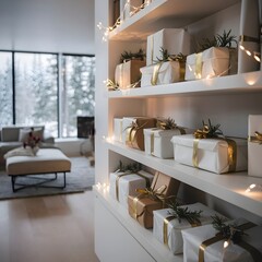 White gift boxes adorned with golden ribbon arranged on home shelf, Christmas gifts, birthday gifts, new year eve gifts 
