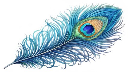 Obraz premium Vivid Blue Peacock Feather on White Background for Creative Projects