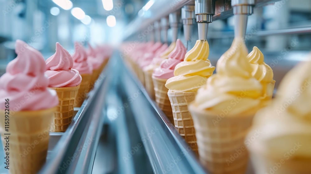 Poster ice cream cones being filled with pink and yellow soft serve in a factory setting.