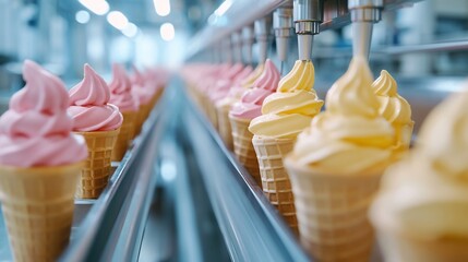 Ice cream cones being filled with pink and yellow soft serve in a factory setting.