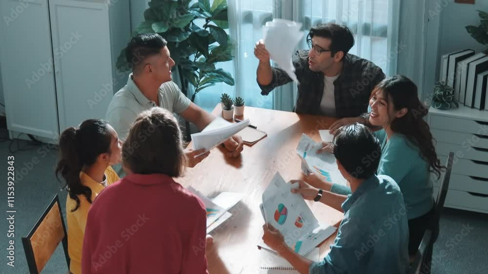 Poster top view of smart people throw paper and giving high five at meeting table with financial document a